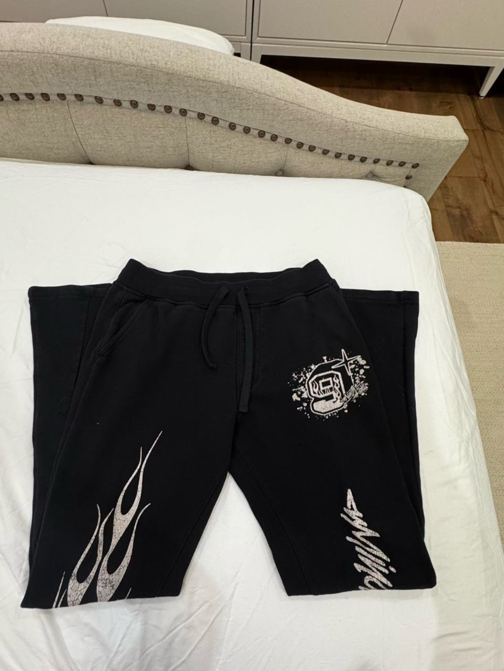 Black Graphic Jogger Sweatpants with Flame Accent